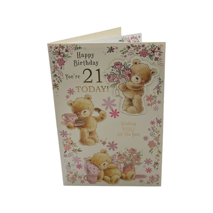 You're 21 Today! Teddy And Floral Design Birthday Card