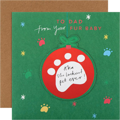 Fun Paw Print Bauble Green Design Christmas Card for Dad from the Pet