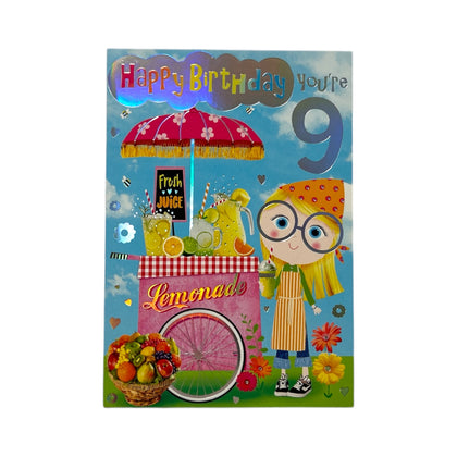 Age 09 Female Juvenile Trendy Pops Girl with Lemonade Design Birthday Card