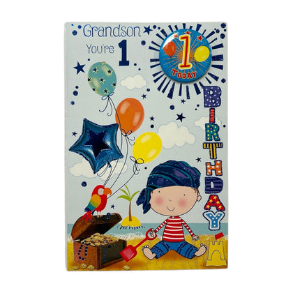 Grandson Age 1 Juvenile Boy Near Beachside Birthday Card With Badge