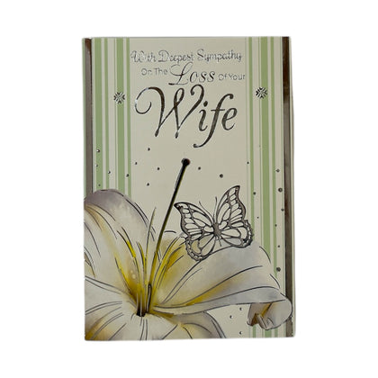 Loss Of Wife White Lily Flower & Butterfly Design Sympathy Card