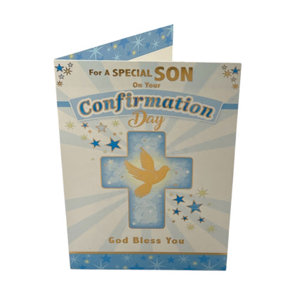 For Special Son Dove And Cross Blue Design Confirmation Religious Greeting Card