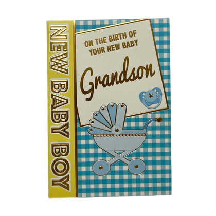 On Birth Of Grandson Blue & White Checkered Congratulations Card