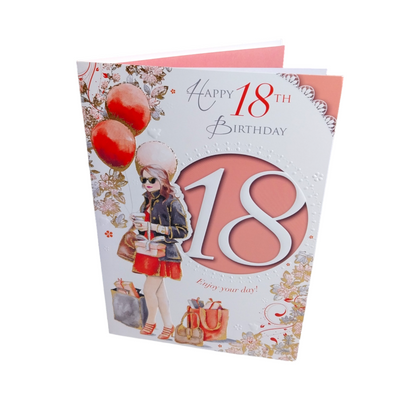 Happy 18th Birthday Lady With Gifts Design Open Female Celebrity Style Card