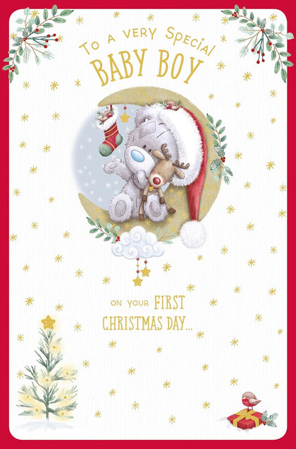 Bear Sitting On Moon Baby Boy First Christmas Card