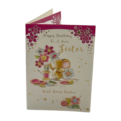 To Dear Sister Cute Mouse Create Flowers Design Birthday Card