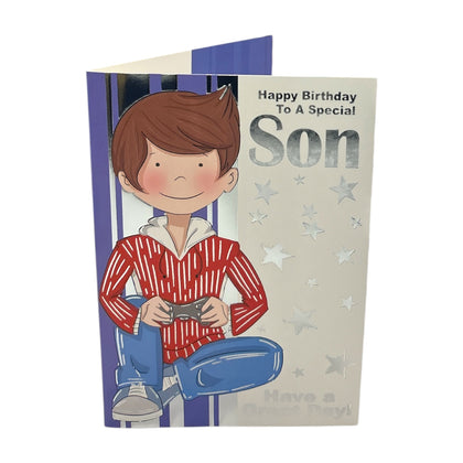 To Son Juvenile Boy In Red Shirt Design Birthday Card