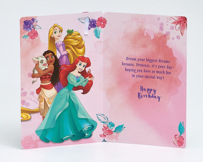 Disney Princess Design With Rapunzel, Moana & Ariel 3rd Birthday Card with Badge