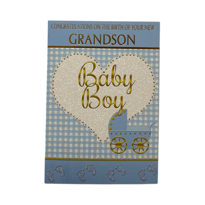 On Birth Of New Baby Grandson Heart & Pram Design Blue Congratulations Card