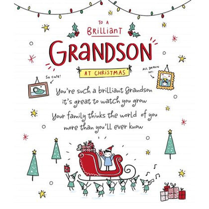 Characters on Sleigh Brilliant Grandson Christmas Card