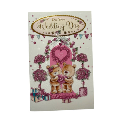 On Your Wedding Day Two Teddy Holding Heart Design Congratulations Card