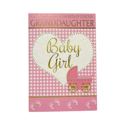 On Birth Of New Granddaughter Heart & Pram Design Pink Congratulations Card