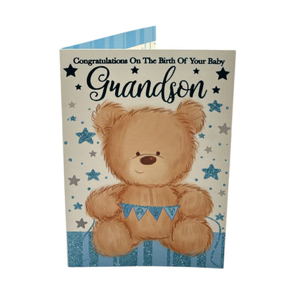 On The Birth Of Baby Grandson Teddy Holding Banner Design Congratulations Card