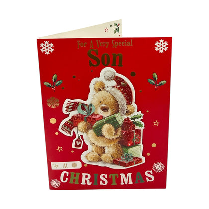 For Special Son Teddy  With Gifts Design Red Christmas Card