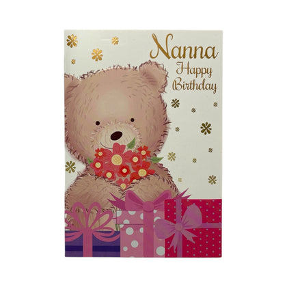 For Nanna Teddy With Gifts And Flowers Design Birthday Card