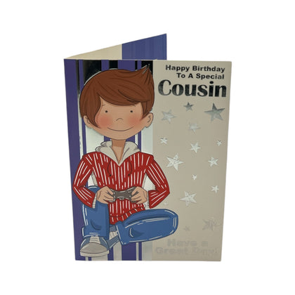 Cousin Male Juvenile Boy In Red Shirt Design Birthday Card