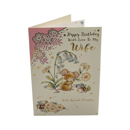 To My Wife Cute Mouse In Flowers Design Birthday Card