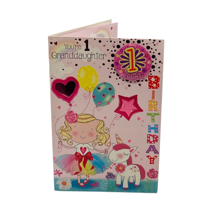 Granddaughter Age 1 Girl And Unicorn Design Juvenile Birthday Card With Badge