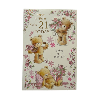 You're 21 Today! Teddy And Floral Design Birthday Card