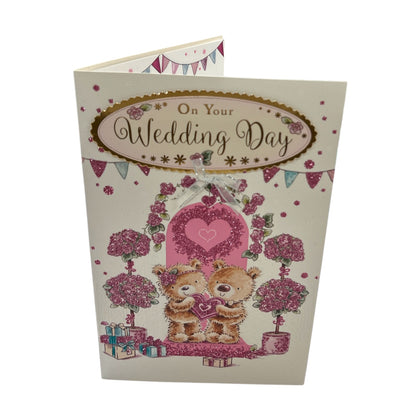 On Your Wedding Day Two Teddy Holding Heart Design Congratulations Card