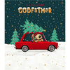 Boofle with Xmas Tree on Top of Car Godfather Christmas Card