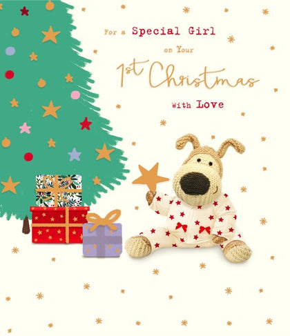 Boofle with Gifts Cute Baby Girl's 1st Christmas Card