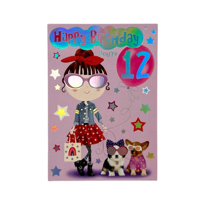 Age 12 Female Juvenile Trendy Pops Girl With Puppies Design Birthday Card