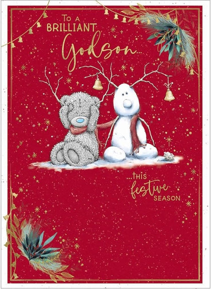 Bear Sitting Next To Snow Reindeer Godson Christmas Card