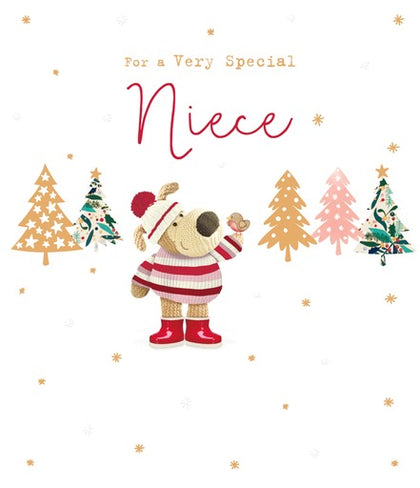 Boofle standing near Xmas Trees Niece Christmas Card