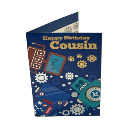 Cousin Male Juvenile Blue Robots Design Birthday Card