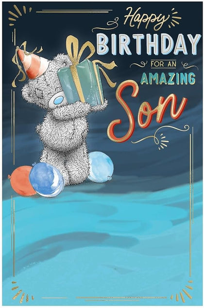 Bear In Party Hat And Gift Son Birthday Card