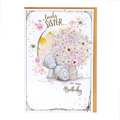 Bear With Large Jug Of Flowers Lovely Sister Luxury Handmade Birthday Card