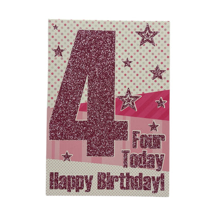 Age 04 Female Juvenile Pink & Sparkly Stars Birthday Card