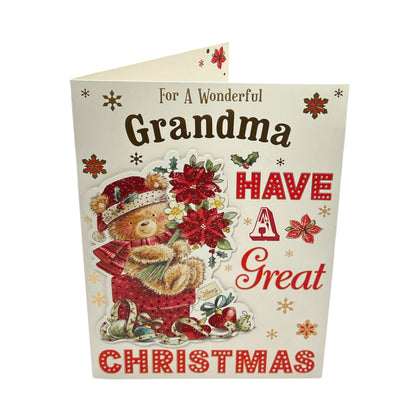 For Grandma Teddy With Flowers Foil Finished Design Christmas Card