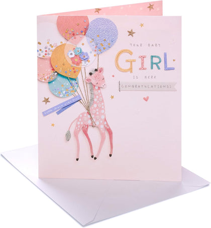 Giraffe and Balloons New Baby Girl Congratulations Card