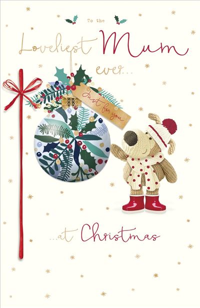 Boofle Standing Next to Giant Bauble Mum Christmas Card