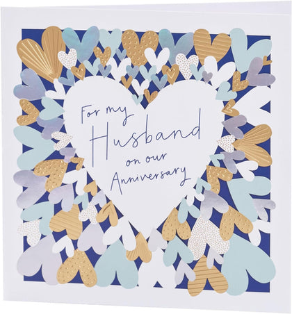 Gold & Blue Hearts Design Husband Anniversary Card