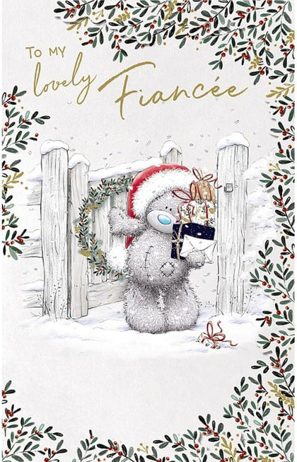 Bear with Presents At Gate Lovely Fiancée Handmade Christmas Card 