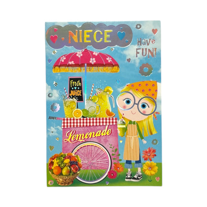 To Niece Juvenile Trendy Pops Girl with Lemonade Design Birthday Card