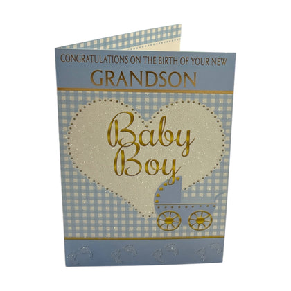 On Birth Of New Baby Grandson Heart & Pram Design Blue Congratulations Card