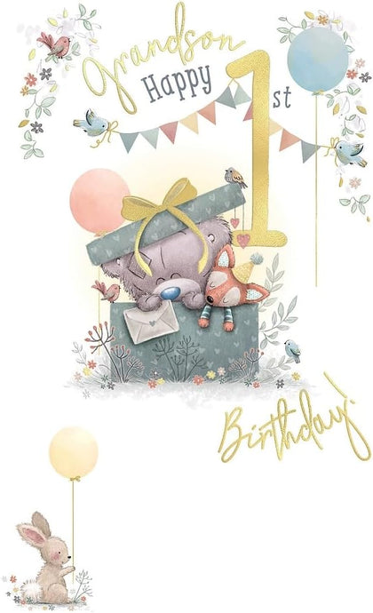 Bear Inside Gift Box Grandson 1st Birthday Card