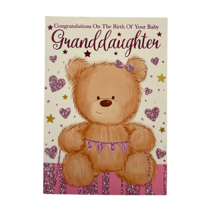 On Birth Of Baby Granddaughter Teddy Holding Banner Design Congratulations Card