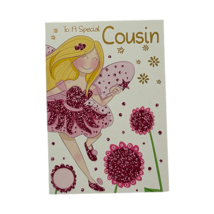 To Cousin Juvenile Fairy & Flower Design Birthday Card