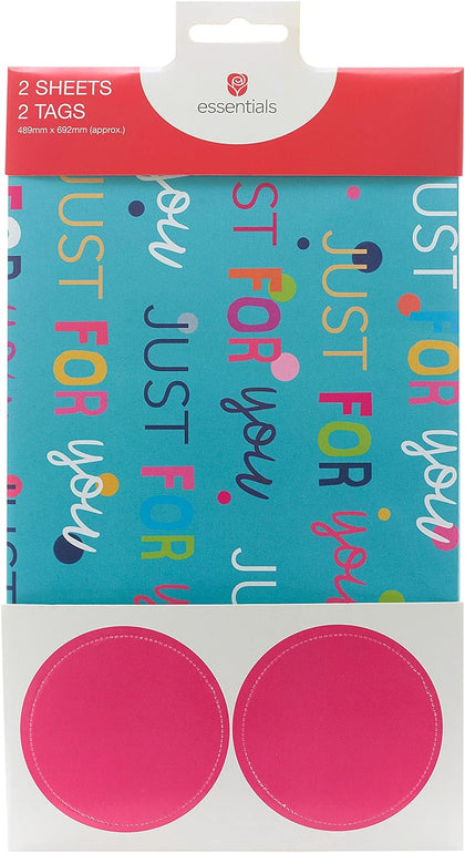 Pack of 3 Just For You Themed Gift Wrap Pack Contains 2 Sheets & Tags