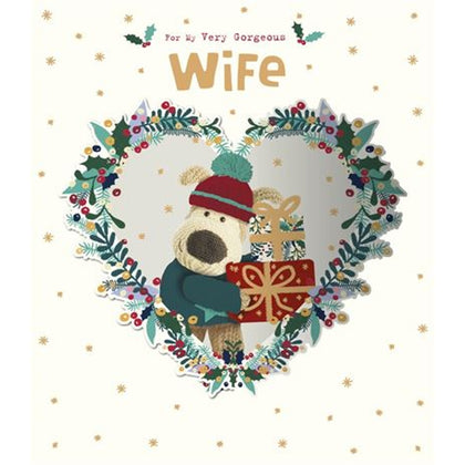 Boofle Holding Presents Inside Heart Wreath Wife Christmas Card