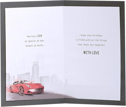 Red Car With City Behind Design Son Birthday Card