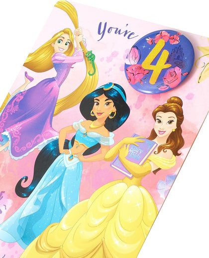 Disney Princesses 4th Birthday Card with Badge