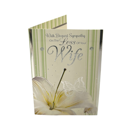 Loss Of Wife White Lily Flower & Butterfly Design Sympathy Card