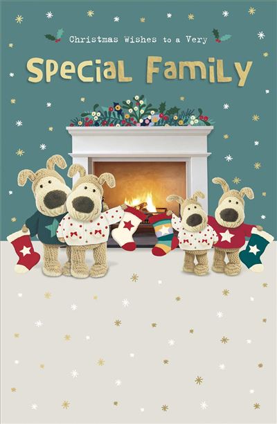 Boofle in Front of Fireplace Family Christmas Card