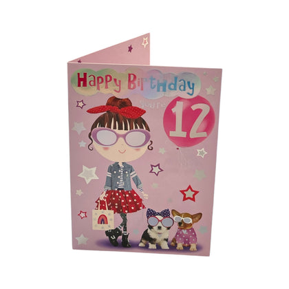 Age 12 Female Juvenile Trendy Pops Girl With Puppies Design Birthday Card